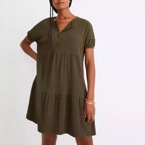 Madewell (Re)sourced Crinkle-Knit Tiered Mini Dress in olive green